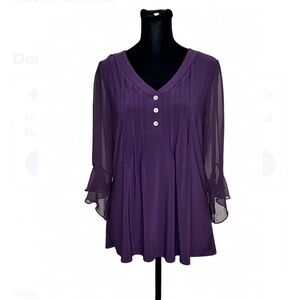 ATELIER 29 Purple V-Neck Blouse with Sheer Long  Sleeves And Button Details